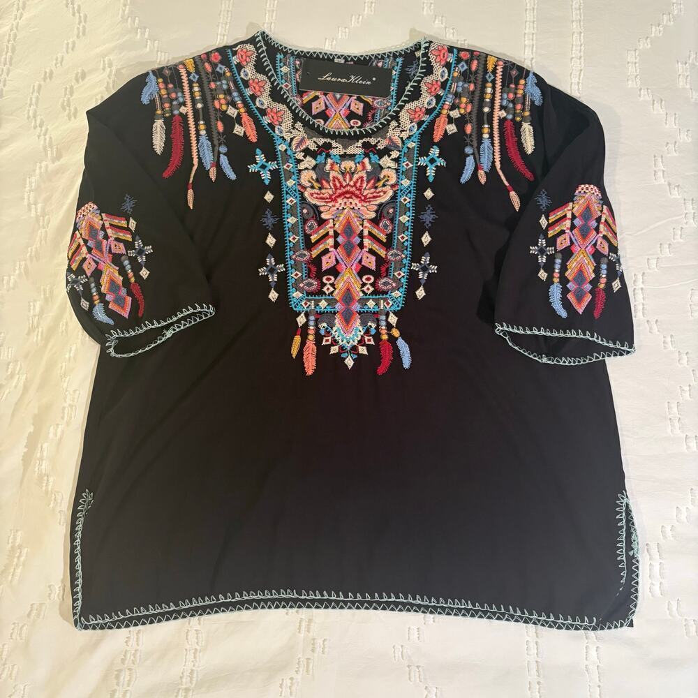 NWT Bohemian Mexican Embroidered Peasant Top Black Rayon Tunic Colorful M